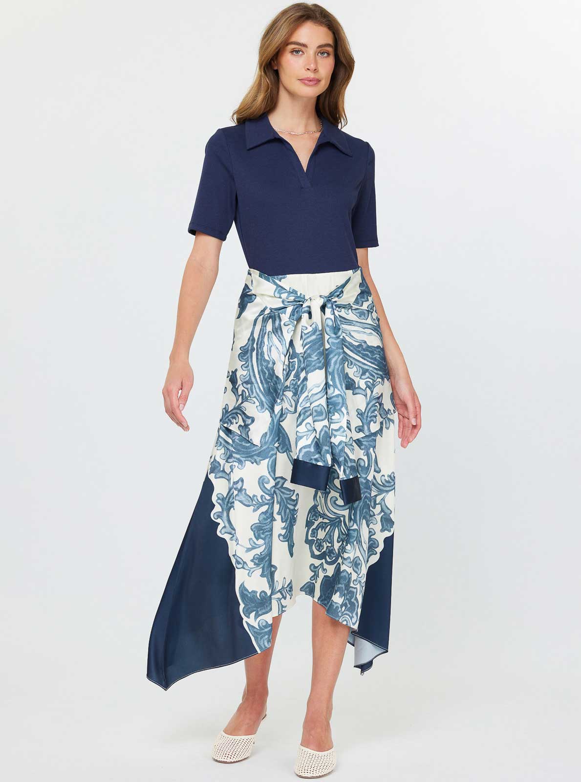 Polo Knit Top Midi Printed Dress W/faux Sleeve Tie by Current Air