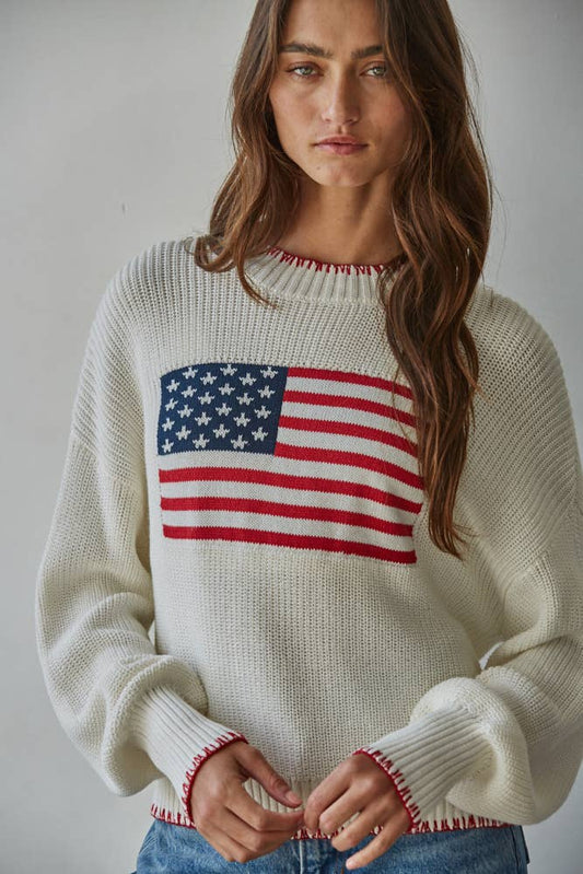 W2411 | Knit Sweater Crew American Flag Pullover