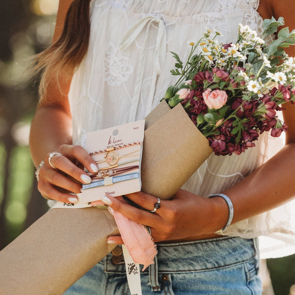 "Bloom" Maroon & Pink with Pressed Flowers Hair Tie Bracelets