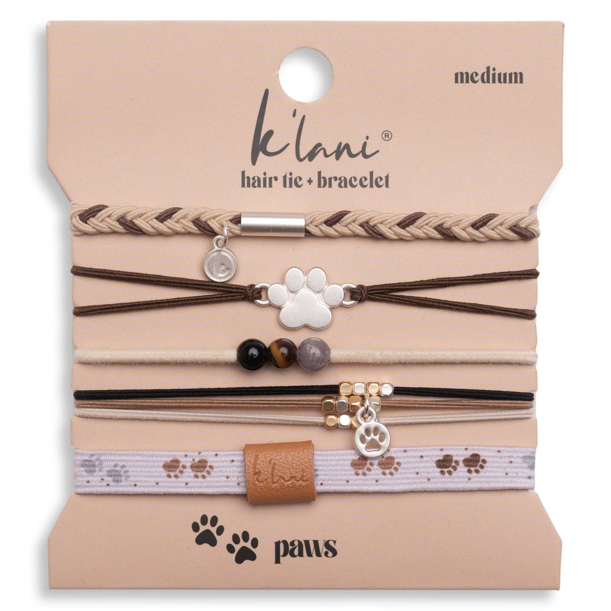 "Paws" Natural Hues with Silver & Paw Accents Hair Tie Bracelet