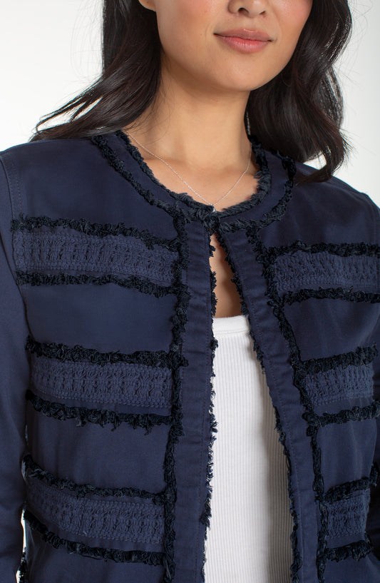 Collarless Jacket With Fray & Lace