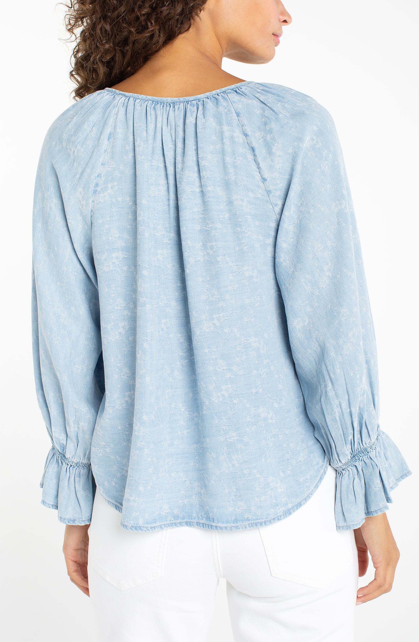 3/4 Sleeve Button Front Shirred Woven Top