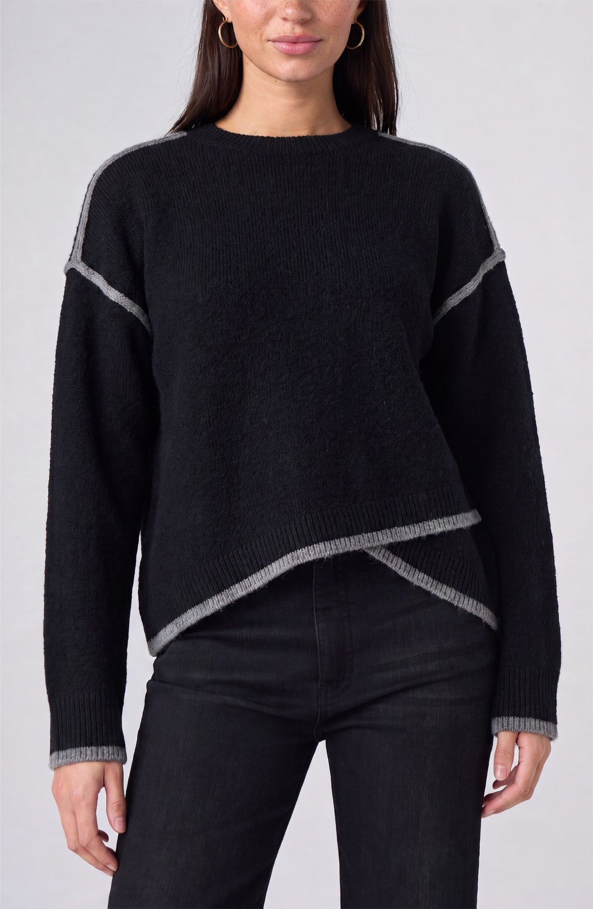 Long Sleeve Crewneck Sweater with Cream Tulip Hem by Liverpool