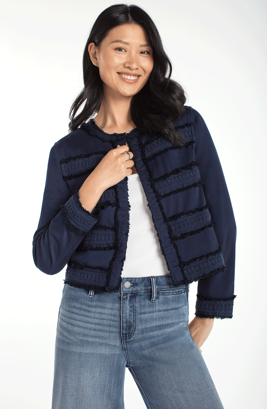 Collarless Jacket With Fray & Lace