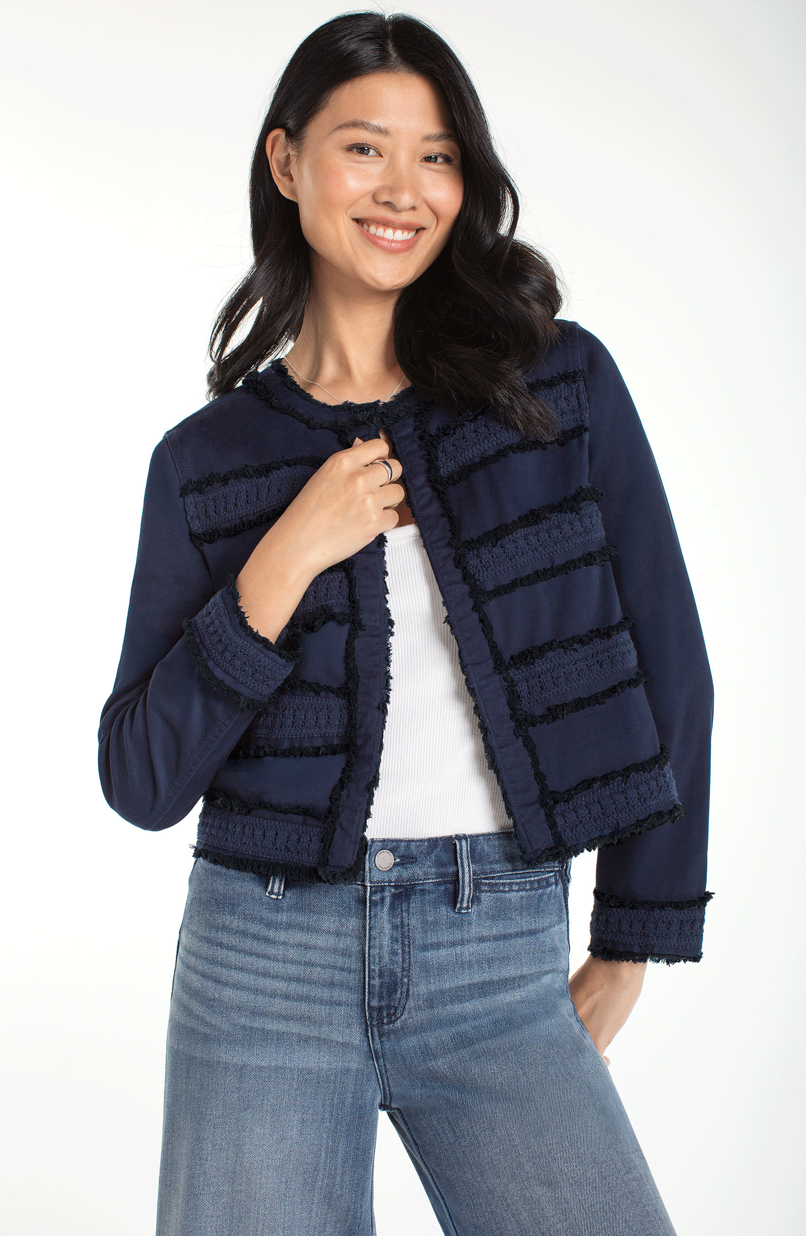 Collarless Jacket With Fray & Lace